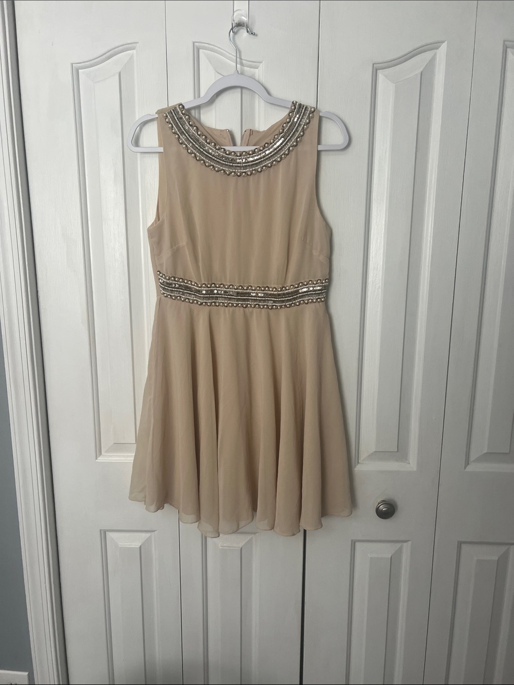 Romeo & Juliet Couture Champagne Beaded Sleeveless Cocktail Dress
